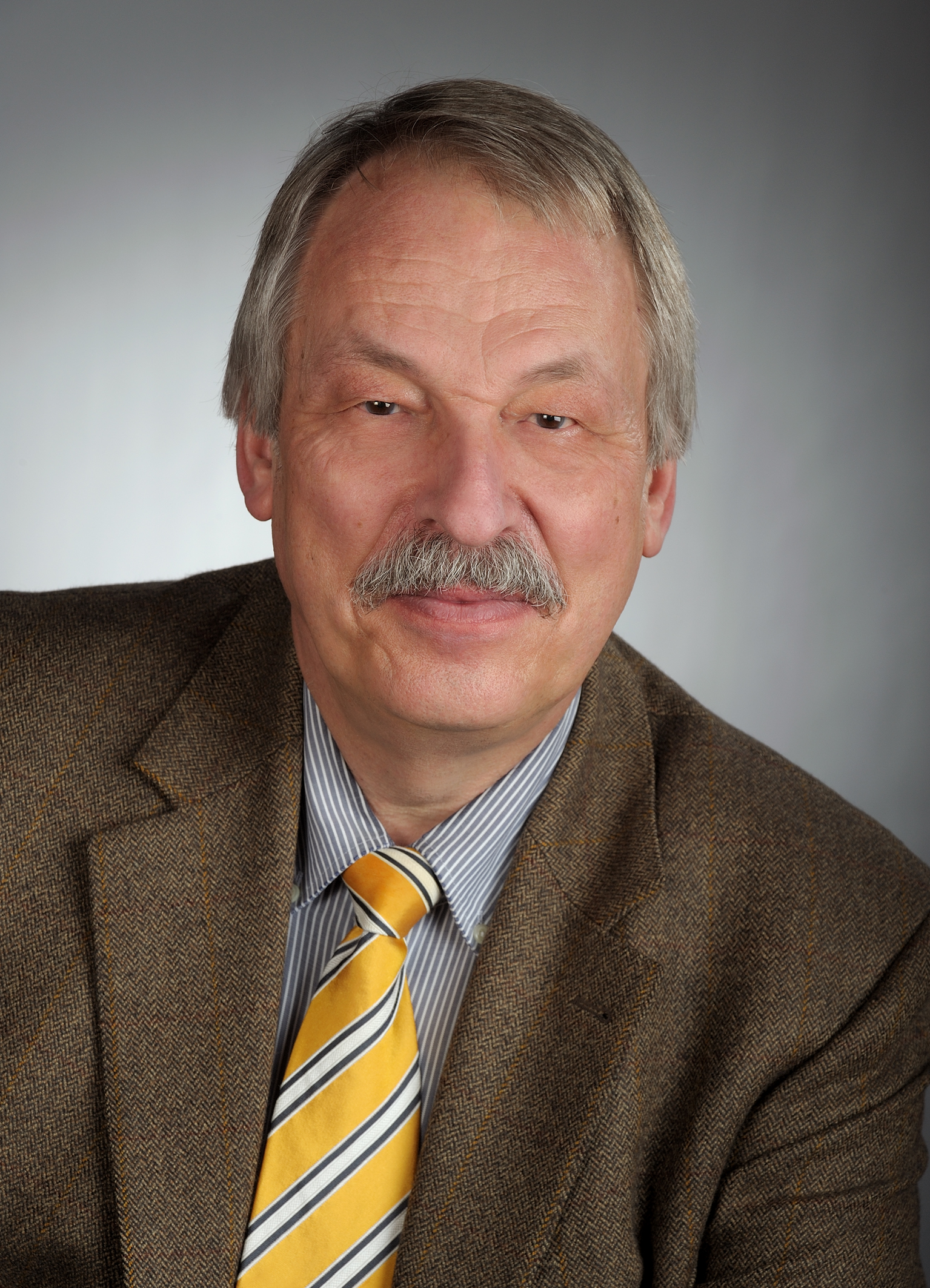 Ein Mann mittleren Alters mit grauem Haar und Schnurrbart, der eine braune Anzugsjacke, ein gestreiftes Hemd und eine gelb gestreifte Krawatte trägt und vor einem grauen Hintergrund posiert.